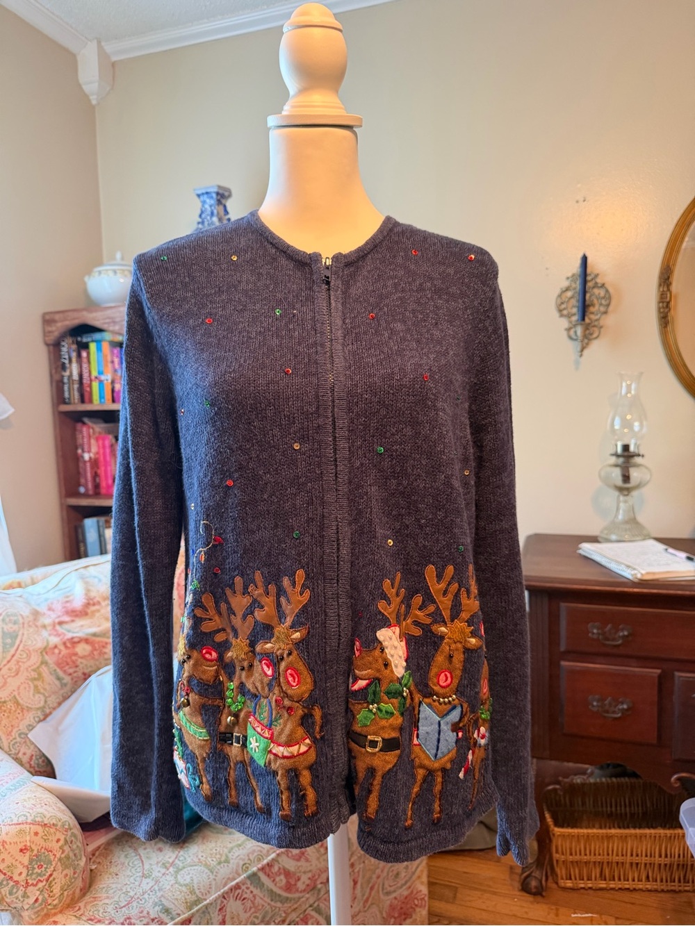 Dress Barn Navy Blue Holiday Reindeer Cardigan Sweater